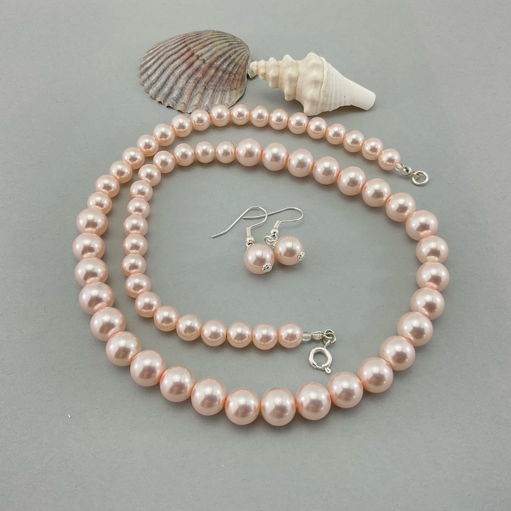 Light Pink Faux Pearl Necklace & Earring Set, Handmade, Pastel, Classic - Picture 8 of 14